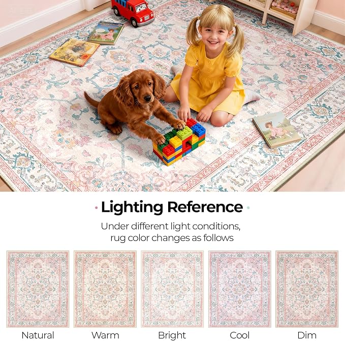 CAPALOCA Machine Washable Rugs Nursery Rug 6x9 Cute Girl Non Slip Low Pile Water Repellent Soft Print Pattern for Bedroom Indoor Decor Kids Playroom Pink Teal
