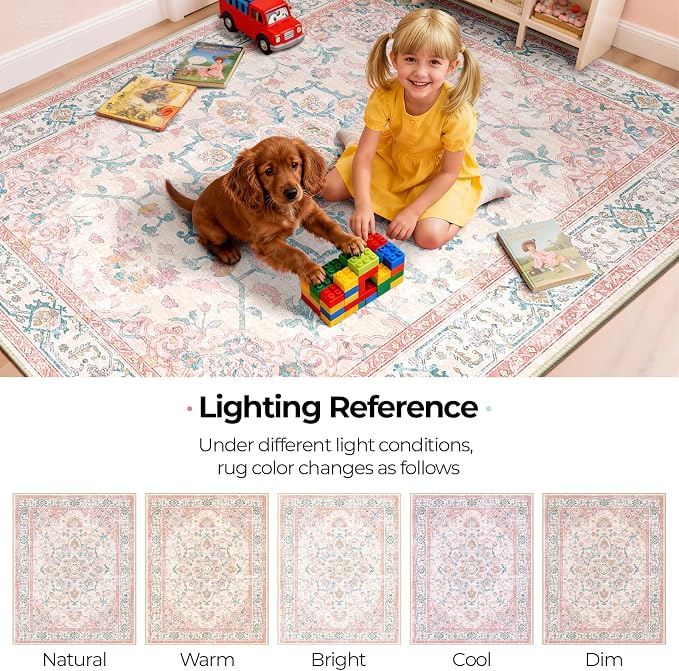 CAPALOCA Machine Washable Rugs Nursery Rug 7x9 Cute Girl Non Slip Low Pile Water Repellent Soft Print Pattern for Bedroom Indoor Decor Kids Playroom Pink Teal