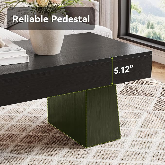 LITTLE TREE Farmhouse Coffee Table, 47 Inches Wooden Rectangular Accent Center Tables with Thick Base, Modern Low Cocktail Tea Furniture for Living Room (Black)