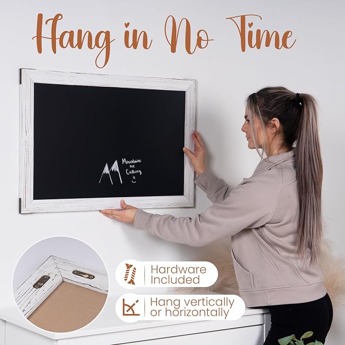 Loddie Doddie Magnetic Chalkboard - 20 x 30 in, White Rustic Frame - Magnetic Chalkboard for Wall & Photo Display - Chalk Board Calendar for Wall - Menu Sign for Kitchen