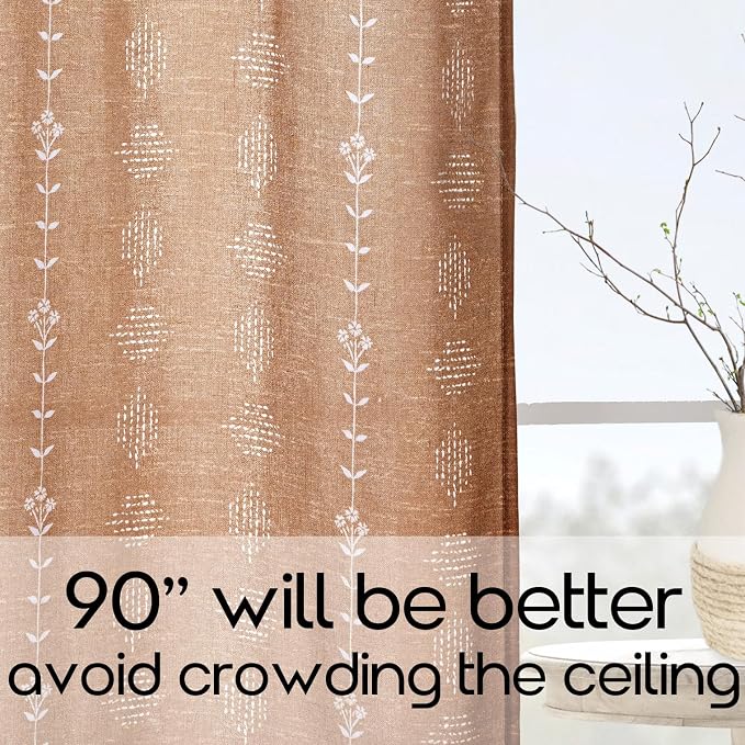 Boho Light Filtering Sheer Curtains 96 Inches Long 2 Panel Set, Floor to Ceiling Faux Embroidered Patterned Linen Drapes, Vintage Terracotta Indian Floral Block Print Curtains for Living Room Bedroom