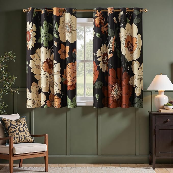 jinchan Lora Floral Curtains for Bedroom Blackout Drapes for Living Room Darkening Fabric Vintage Black Boho Flower Pattern Fall Decor Window Curtains 63 Inches Length 2 Panels with Grommet