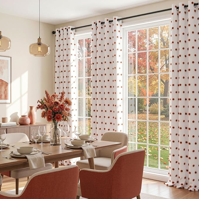 MYSKY HOME Blackout Bohemian Curtains for Bedroom Thermal Insulated Brick Red Pom Pom Curtain 72 Inch Long for Girls Room White Sheer Drapes for Dining Room Door Grommet, 52W x 72L, 2 Panels