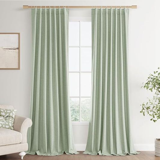 Joywell 100% Blackout Linen Curtains 102 Inches Long for Bedroom 2 Panels Set Black Out Curtain Light Blocking Drapes for Living Room Large Window Back Tab Hook Belt 52 x 102,Light Sage