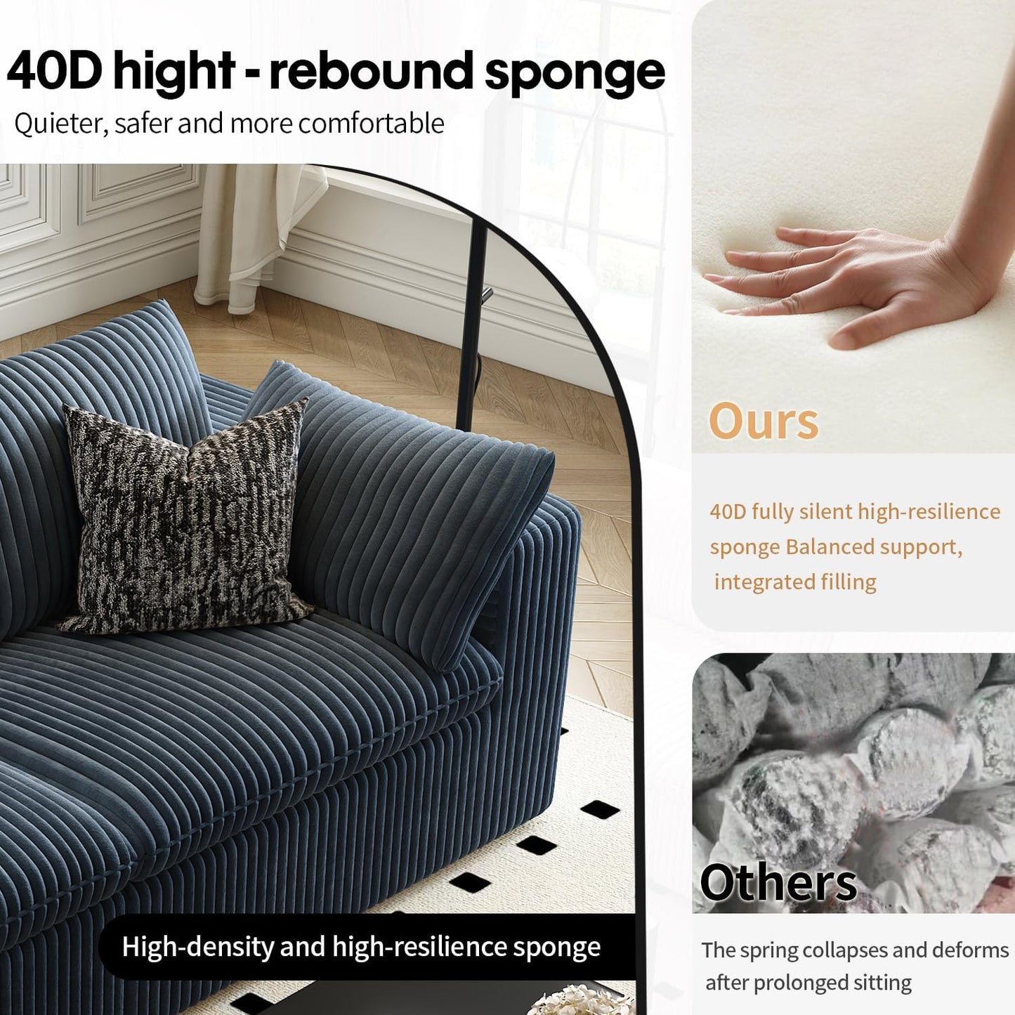 118" Cloud Couch Modular Sectional Sofa for Living Room,Modern Sofa with Deep Seat，U-Shape Boneless Couch with 2 Ottoman,Comfy Upholstered Corduroy Couches for Apartment, Studio, Office,Bedroom，Blue