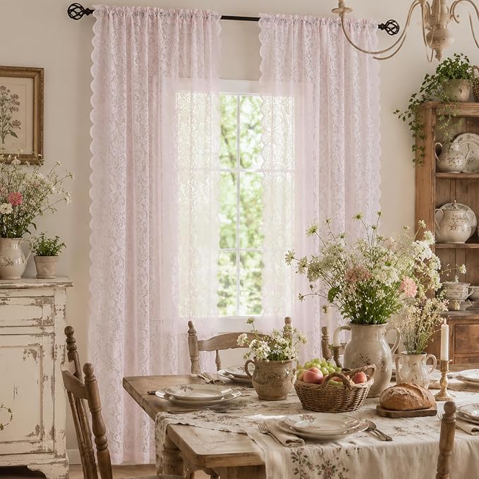 Pink Sheer Lace Curtains 96 Inches Long 2 Panels for Grils Room & Nursery | Vintage Floral Lace, Coquette Style, Sofr Sunlight, Airy Privacy, Scalloped Edges, Rod Pocket, 52" W x 96" L