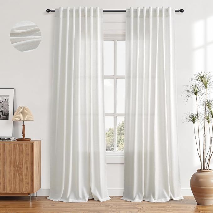 Aersas Natural Linen Curtains 90 Inches Length for Living Room Flax Texture Wave Fabric Semi Sheer with Rod Pocket Back Tab for Bedroom Balcony Light Filtering Neutral Home Decor 52x90