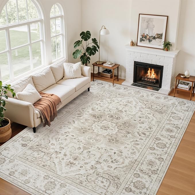 5x7 Area Rugs for Living Room:Beige Washable Vintage Medallion Carpet Non-Slip Soft Low Pile Large Rugs Indoor Retro Rug for Bedroom Nursery Dining Table Office Home(Beige White 5'x7')