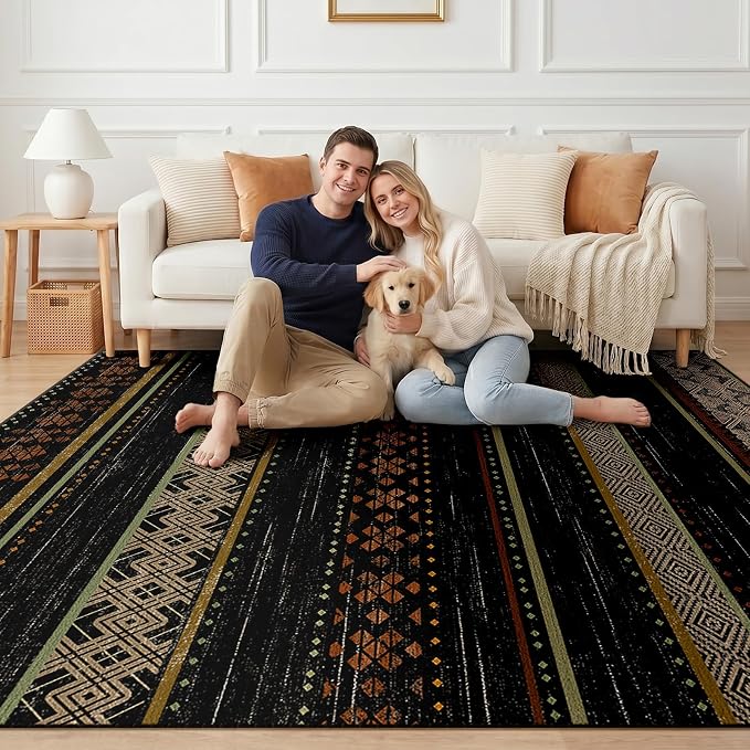 BESTSWEETIE 9x12 Area Rugs for Living Room Washable Moroccan Farmhouse Neutral Geometric Low Pile Non-Slip Soft Print Pattern Rug for Bedroom Kitchen Dining Room Entryway Black/Red/Brown/Cream/Yellow