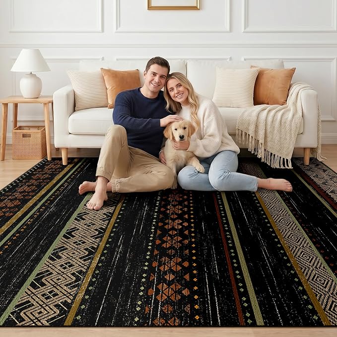 BESTSWEETIE 6x9 Area Rugs for Living Room Washable Moroccan Farmhouse Neutral Geometric Low Pile Non-Slip Soft Print Pattern Rug for Bedroom Kitchen Dining Room Entryway Black/Red/Brown/Cream/Yellow