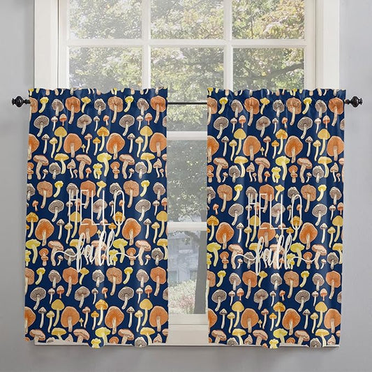 Kitchen Tier Curtains 45 inches Length, Hello Fall Thanksgiving Orange Yellow Mushroom Navy Blue Curtains for Living Room Bath,Rod Pocket Light Filter Drapes Half Window Treatment Tiers 2 Panels