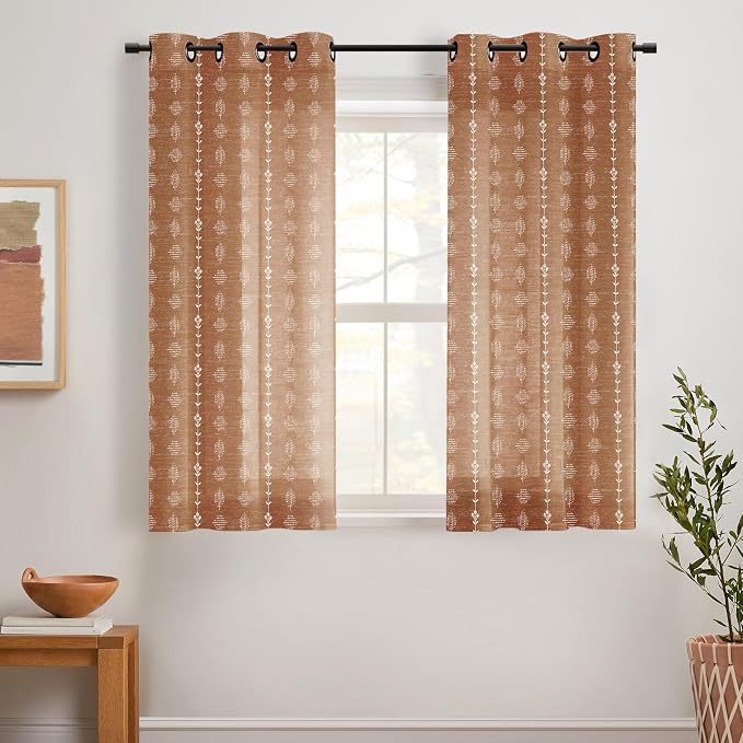 Lino Rosa 54 Inch Short Boho Curtains, Semi Sheer Linen Floral Pattern Drapes for Bedroom Kitchen Window 2 Panel Set 36x54 in Length
