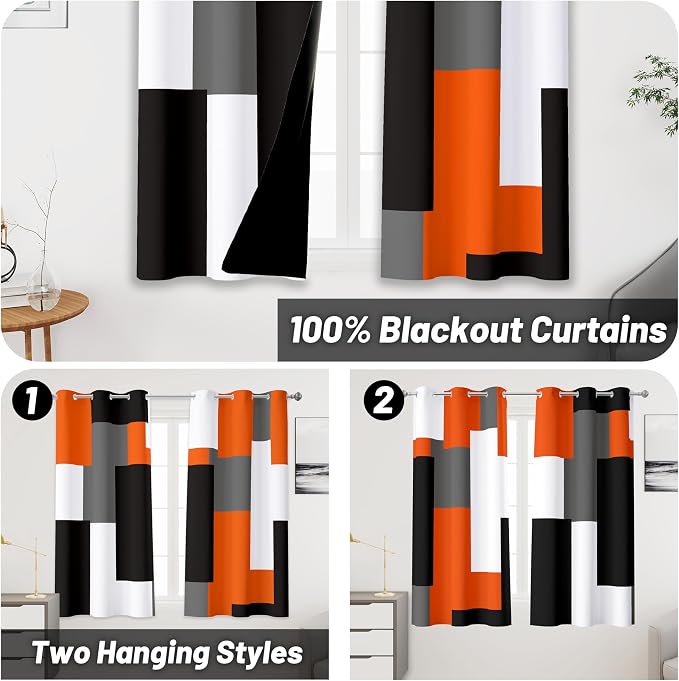 Tyrot Orange 100% Blackout Curtains 45 inch Length 2 Panels Set White Grey Modern Abstract Geometric Drapes for Kitchen Black Out Curtains Insulated Room Darkening Small Window Curtains, 42Wx45L