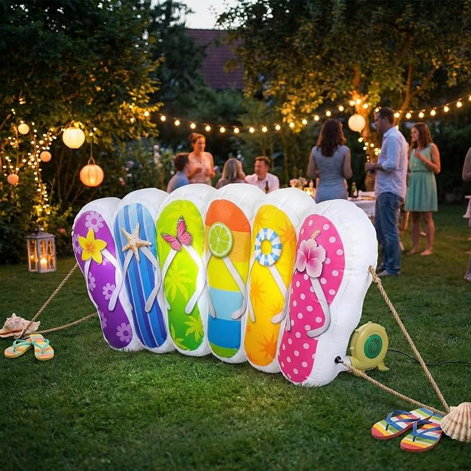 VIHOSE 5 FT Summer Inflatable Flip Flop Blow Up Slipper with Built in LED Lights Oversized Party Decoration for Pool Beach Lawn Yard Hawaiian Luau Tropical