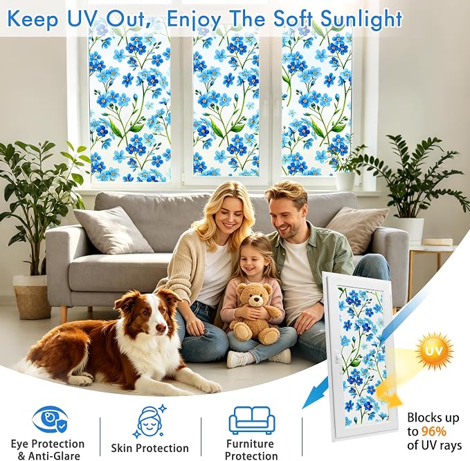 SOMWISE Frosted Glass Window Privacy Film with Tools, Heat Blocking, Anti-UV, Anti-Glare, Static Cling, Decor for Home Bathroom Door, Renter Friendly, Removable, Reusable, Blue 35Inchx78.5Inch