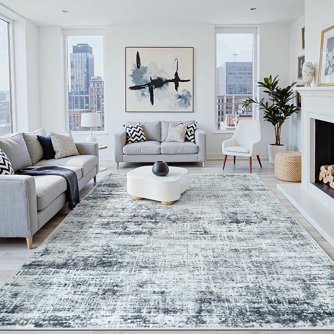 9x12 Area Rugs Washable Rug: Anti-Skid Abstract Modern Living Room Rug Soft Thin Carpets Indoor Floor Non-Shedding Carpet for Bedroom Dining Farmhouse Nursery Home Office (Black/Grey/White,9'x12')