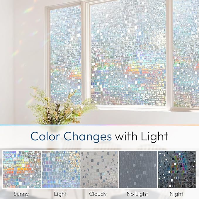 rabbitgoo Window Privacy Film Decorative Rainbow Cling, 23.6" x 118.1" | 3D Stained Glass Window Sticker, Anti-UV Sun Blocking Heat Control, Static Cling Glass Window Door Covering for Home Office