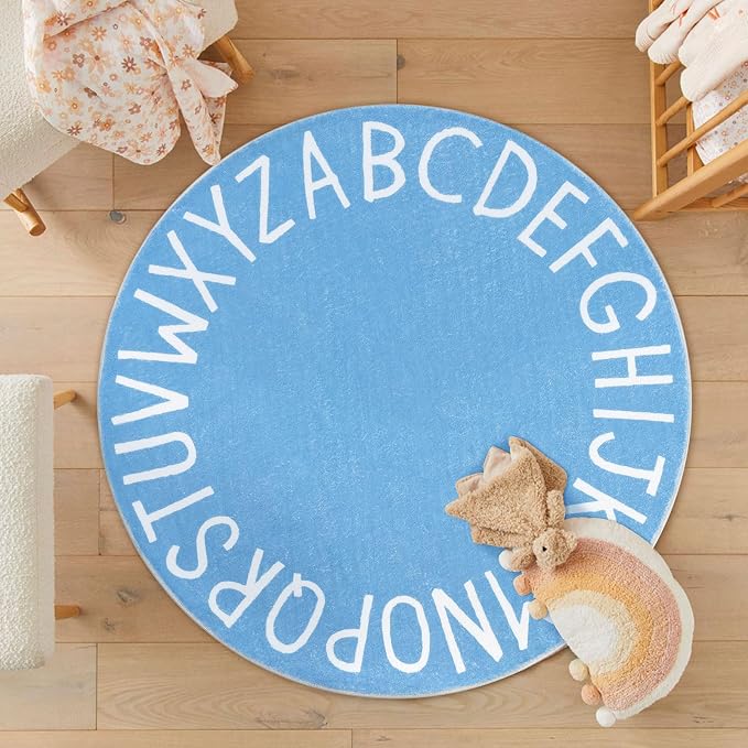 Topotdor Round ABC Area Rug,63 Inch Soft Floor Carpet,Sky Blue | Washable Alphabet Circle Rug,Non Slip Floor Mat Ideal for Bedrooms,Kids Rooms,Classrooms