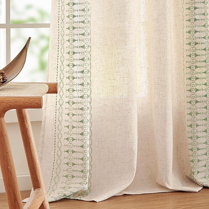 jinchan Boho Curtains for Bedroom Linen Blend Curtains Sage Green Embroidered Bordered Living Room Drapes 96 Inch Length Light Filtering Grommet Window Treatments 2 Panels Sage on Beige