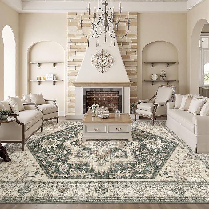10x14 Area Rug for Living Room- Machine Washable Soft Oriental Vintage Large Indoor Floor Carpet for Bedroom Under Dining Table Home Office Decor - Vintage Green