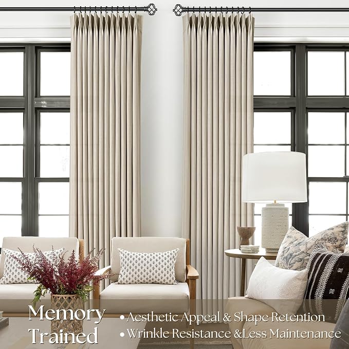 Pinch Pleat Taupe Linen Curtains 96 inches Long 2 Panels for Living Room Patio Door Taupe Light Filtering Semi Sheer Pleated Curtain 96 Length Memory Trained FarmhouseNeutral Greige Linen Drapes 8 ft