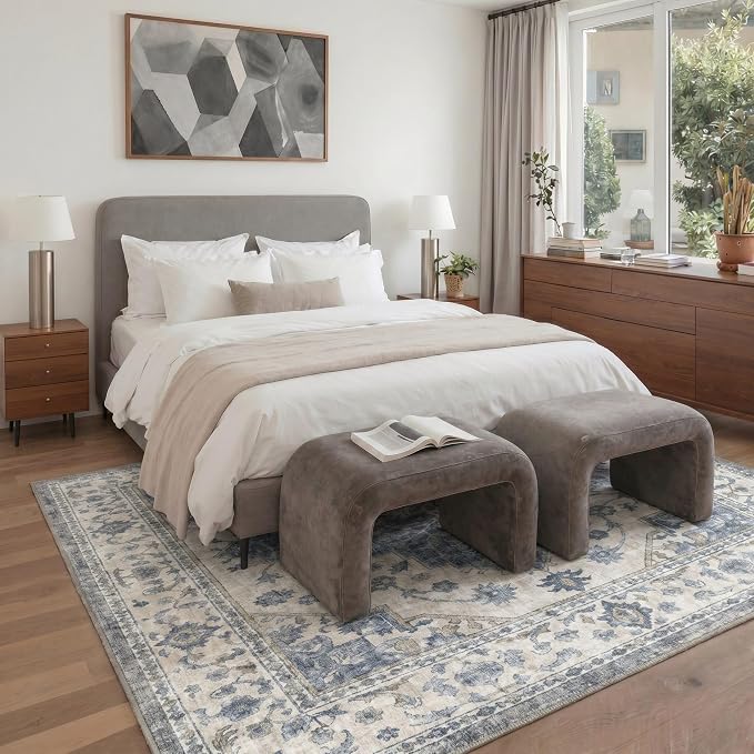 GENIMO 5x7 Floral Medallion Area Rug Machine Washable Non Slip Low Pile, Lightweight Print Pattern Rugs for Living Room Bedroom Dining Room, Dusty Blue