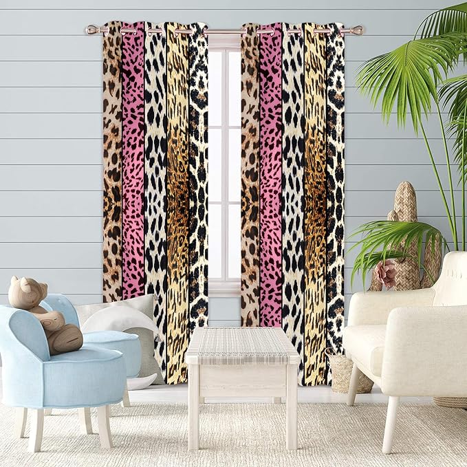 Wild Animal Print Curtain, Room Darkening Thermal Insulated Blackout Leopard Boa Window Drapes with Grommets for Living, Dining, Bedroom, Pink Leopard Print, 42"x 84", 2 Panels