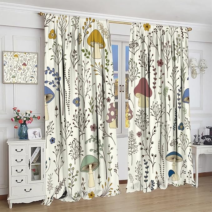 Mushroom Curtains,Colorful Plant Forest Botanical Print Window Treatments for Bedroom Living Room Kitchen Cartoon Herbs Floral Window Drapes 2 Panels Set,Total Size 63 x 72 Inch