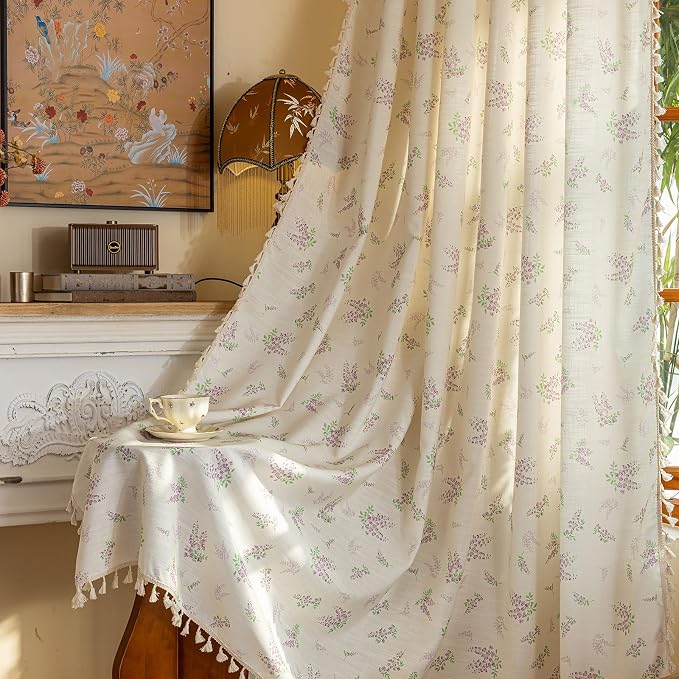 OYX Purple Floral Curtains 84 Inch Length Linen Farmhouse Curtain Rod Pocket Drapes for Living Room Bedroom Light Filtering Vintage Curtains, 2 Panels