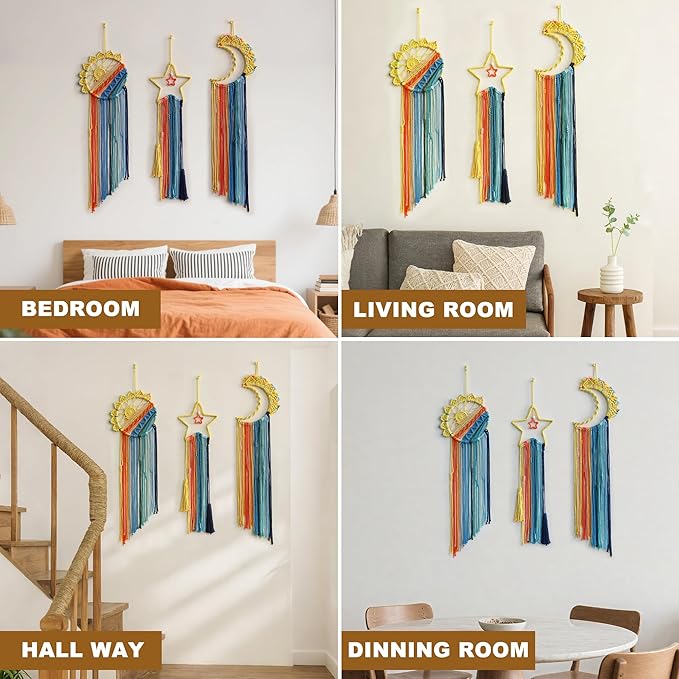 3 Pack Macrame Hanging Tapestry Wall Art Set Boho Woven Tapestries Sun Moon Star Large Dream Catcher Coloful Wall Decor Bedroom Aesthetic Living Room Decor (Orange Blue Mix)
