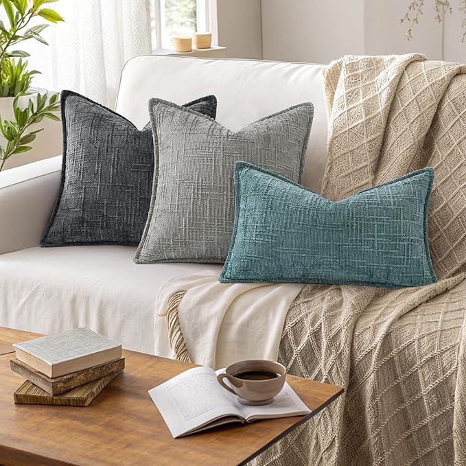 decorUhome Chenille Throw Pillow Covers 26x26 Set of 2, Thick Textured Slubby Neutral Decorative Pillow Covers with Elegant Design for Couch, Sofa, Living Room, Dark Grey