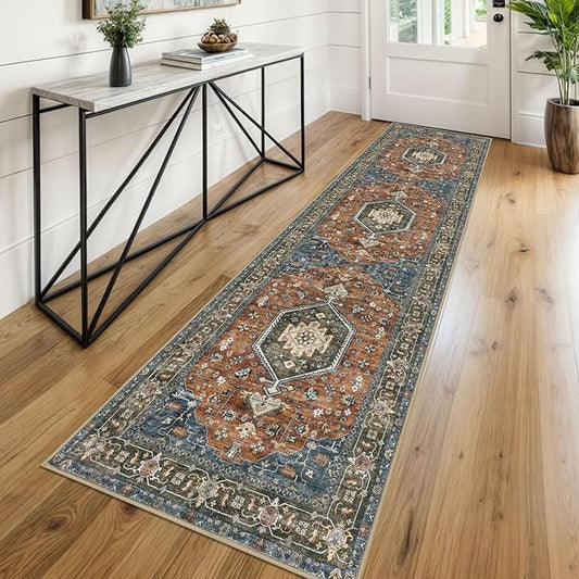 KUTA Vintage Washable Runner Rug, 2x8 Brick Red Runners for Hallways Non-Slip Kitchen Rugs Ultra Soft Printed Tribal Floor Carpet for Bedroom Living Room Nursery