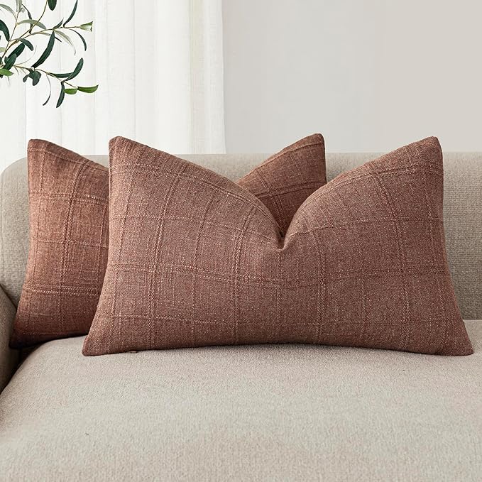 Foindtower Set of 2 Decorative Linen Check Throw Pillow Covers Neutral Farmhouse Lumbar Cushion Covers Modern Boho Home Decor for Sofa Chair Couch Bedroom Living Room,12×24 Inch,Autumnal Red