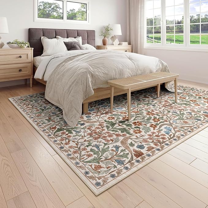 8x10 Washable Area Rug for Living Room, Floral Non-Slip Non-Shedding & Easy Care, Large Soft Low Pile Botanical Indoor Floor Carpet for Living Room, Bedroom, Dining Room, Kids Playroom, Nursery, Beige