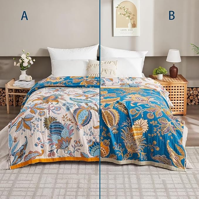 Boho Throw Blanket for Bed 100% Cotton Bohemian Blankets Ultra Soft Woven Muslin Decorative Blankets All Seasons Vintage Quilt Knitted Blanket for Sofa Chair(Beige, 80"x90")