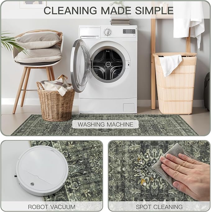 5x7 Vintage Washable Area Rug for Living Room,Low Pile Non Slip Carpet Non-Shedding Area Rug Soft Indoor Stain Resistant Rug Floral Print Mat for Bedroom Dining Room Green Floral