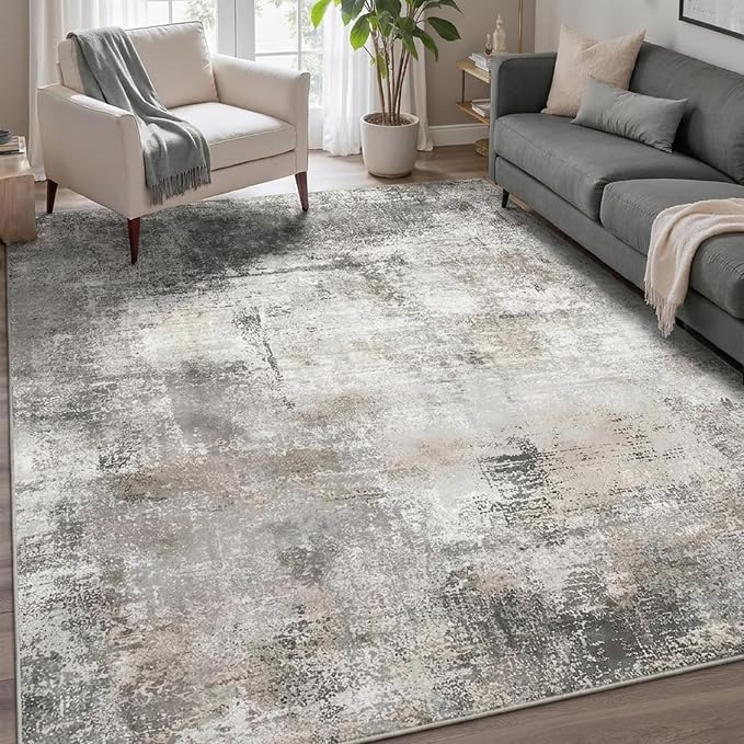 GENIMO 5x7 Area Rugs for Living Room, Machine Washable Non Slip Rugs, Low Pile Lightweight Vintage Print Rug for Bedroom, Dining Room, Home Office, Abstract Grey