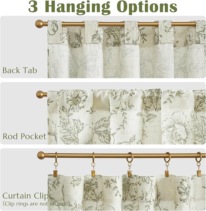 jinchan Linen Floral Tier Curtains 24 Inch Farmhouse Botanic Cafe Curtains Light Filtering Drapes for Small Windows Back Tab Half Window for Kitchen Living Room Bathroom 2 Panels Green