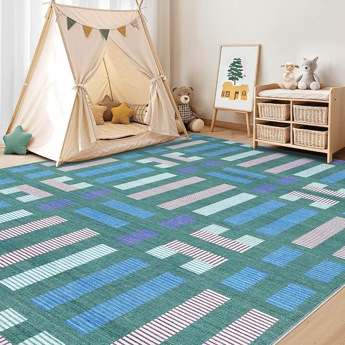 cotiled 10x14 Area Rugs Living Room Rug: Washable Boho Rugs with Non Slip Backing Large Soft Indoor Stain Resistant Carpet for Bedroom Farmhouse Dining Room Lightweight Home Decor Green