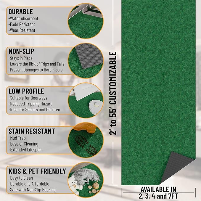 Ottomanson 6'6" x 29' Hallway Runner - Extra Durable Non-Slip Rug Mat for Indoor & Outdoor Use - Ideal for Kitchen, Entryway & Garage - High-Traffic Carpet, Green