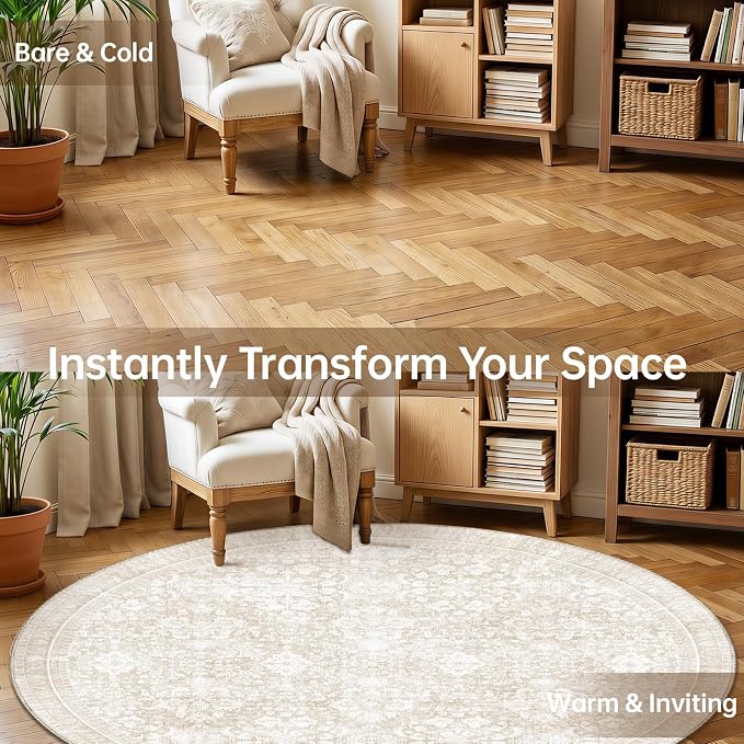 Sasttie Round Rugs 8ft, Ultra-Soft Washable Circle Rug, Low Pile Foldable Thin Carpets with Non-Slip Backing, Skin-Friendly Stain Resistant Carpet for Living Room, Bedroom, Kitchen, Dorm, 8ft, Cream