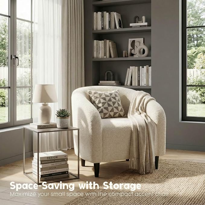 Modern Accent Barrel Chair, Comfy Teddy Fabric Club Armchair with Side Pocket, Easy Assembly Living Room Corner Chair for Bedroom, Office, Reception Space