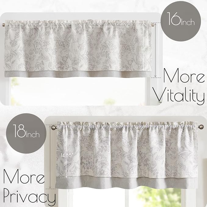 JINCHAN Linen Valance Curtain Farmhouse Grey Floral Printed Small Window Curtain for Kitchen Rustic Country Light Filtering Valance for Living Room Bedroom 16 Inch Rod Pocket 1 Panel Tan Gray on Beige