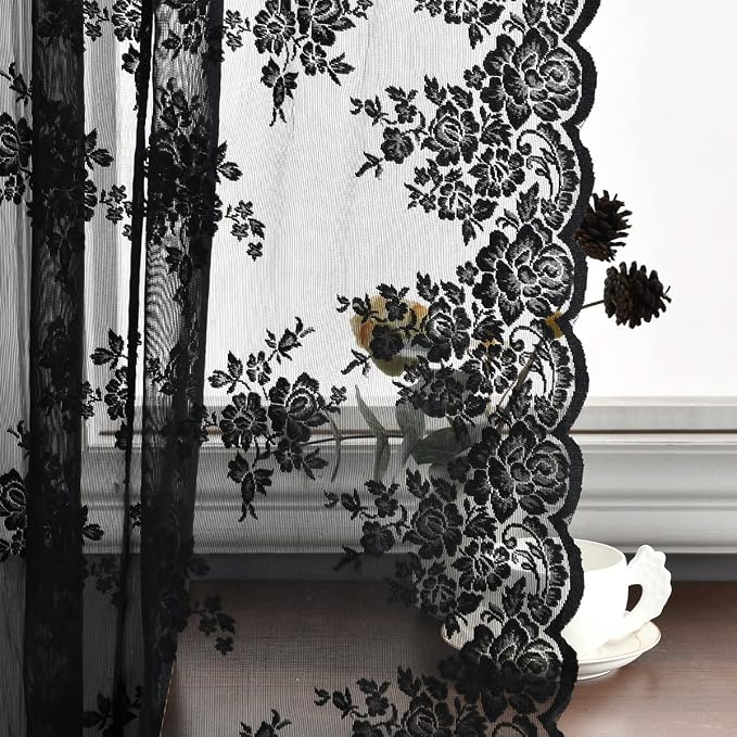 Kotile Black Lace Curtains 45 Inch Length 2 Panels Set, Country Rustic Gothic Floral Vintage Sheer Curtains for Small Window, Rod Pocket Privacy Scalloped Short Sheer Curtain, 52 x 45 Inch