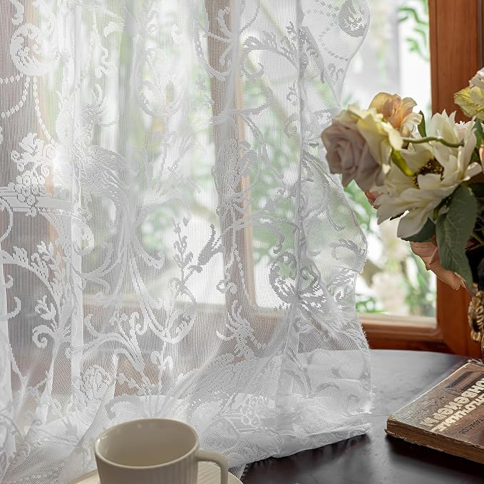 TUDECO White Lace Curtains 63 Inch Length - Victorian Sheer Voile Floral Curtains for Bedroom Nursery Elegant Ruffle Privacy Light Filtering 2 Panels Rod Pocket Window Decor, 59 x 63 Inch