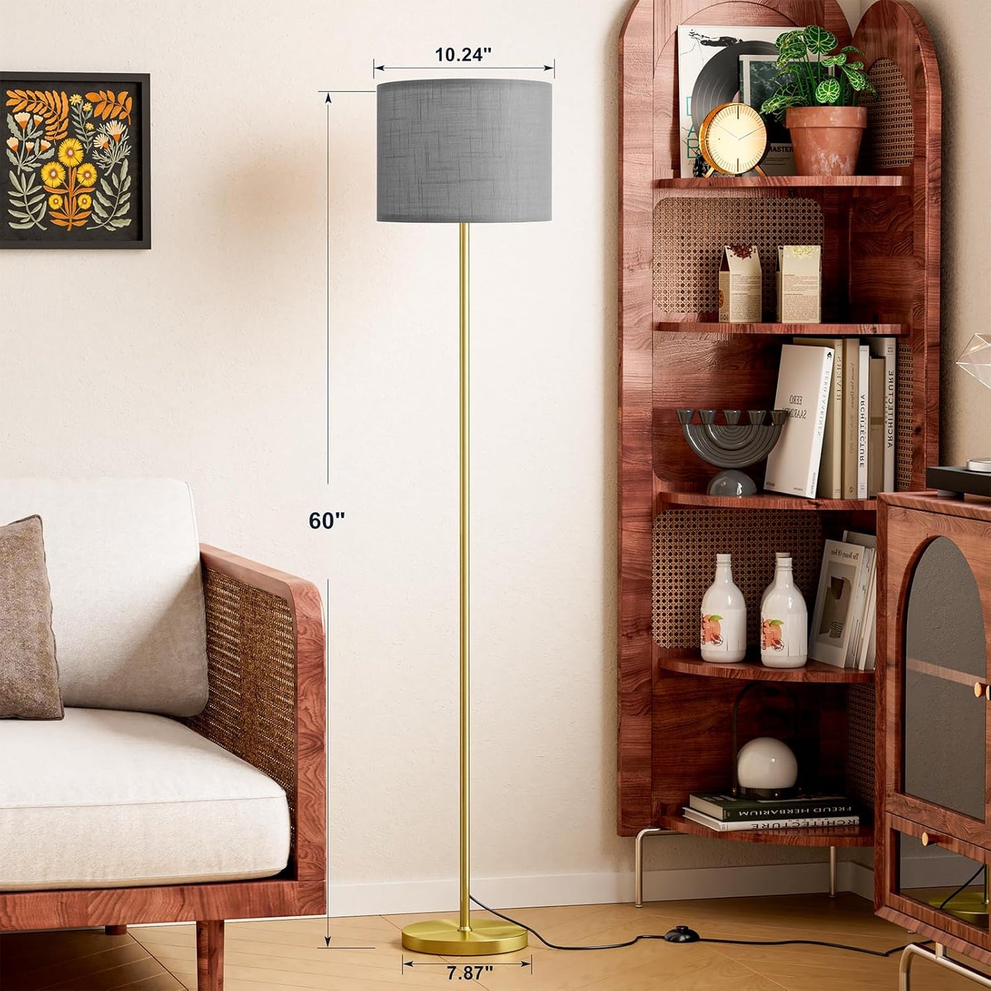Ambimall 60'' Modern Floor Lamp with Shade, Tall Lamps for Living Room, Bedroom, Office, Dining Room, Linen Grey Shade with Brushed Gold Pole(Without Bulb)