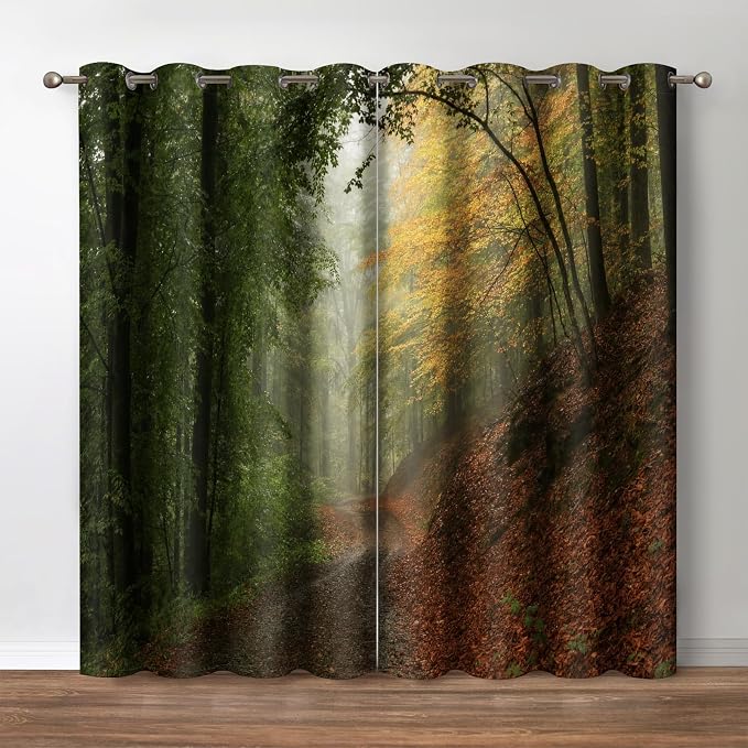 Jekeno Mountain Forest Blackout Curtains - Green Jungle Nature Landscape Foggy Scenery Print Tree Window Curtain Decor for Bedroom Living Room Grommet Window Drapes 2 Panel Set,42"x54"