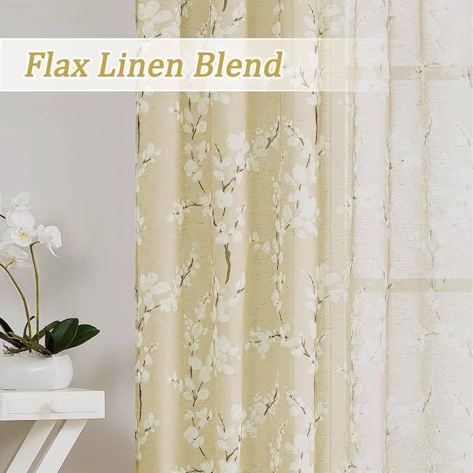 FMFUNCTEX Linen Sheer Curtains for Living Room, Cream Blossom Floral Print Curtains 63 Inch Length for Bedroom, Light Filtering Linen Blend Butter Yellow Floral Window Curtain 2 Panels Rod Pocket