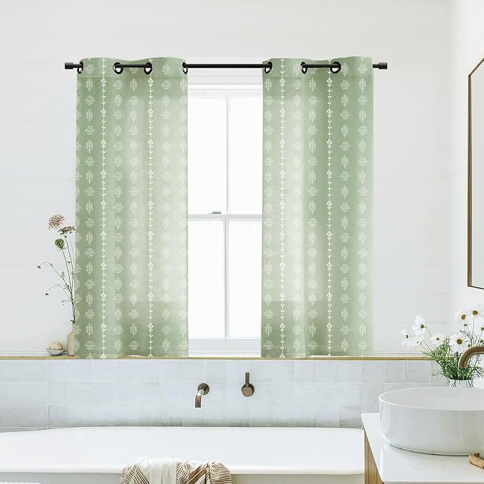 Bathroom Window Curtain,Short Sheer Linen Boho Floral Sage Green Kitchen Curtains 45 Inch Length