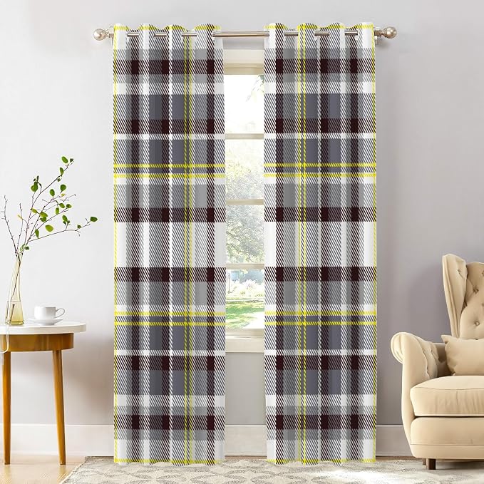 Shrahala Grunge Vintage Art Plaid Blackout Window Curtains, Tartan Grey Thermal Insulated Curtains Grommet Top Window Drapes for Living Room, Bedroom (2 Panels,52 x 84 in)